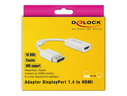 מתאם DisplayPort 1.4 לחיבור מסך HDMI 4K תומך HDR צבע לבן - delock.israel