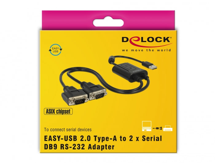 ממיר USB עם 2 יציאות DB9 Serial RS-232 זכר צ'יפ ASIX אורך 60 ס"מ - delock.israel