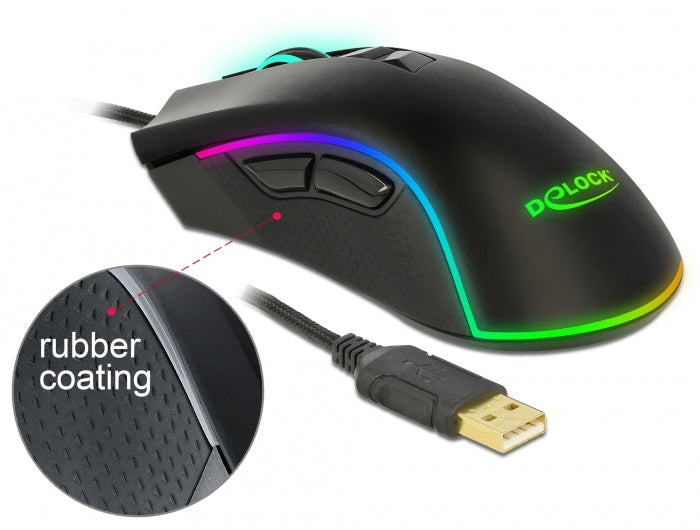 עכבר גיימינג ארגונומי USB RGB עם 7 לחצנים תומך עד 10000dpi - delock.israel