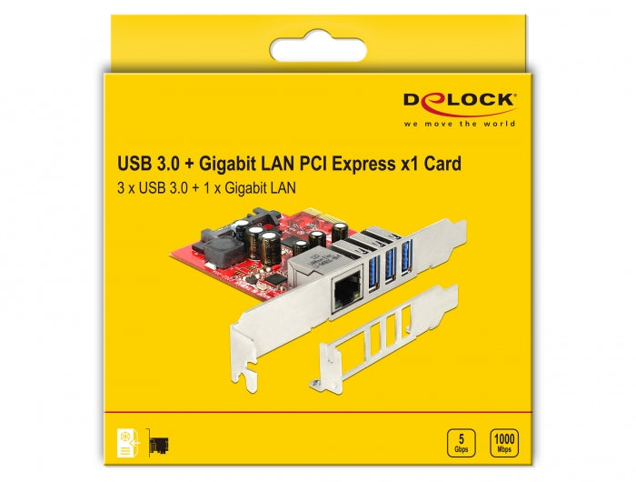 כרטיס PCIe x1 USB 3.0 5Gbps Low profile עם 3 יציאות USB-A + יציאת רשת RJ45 - delock.israel