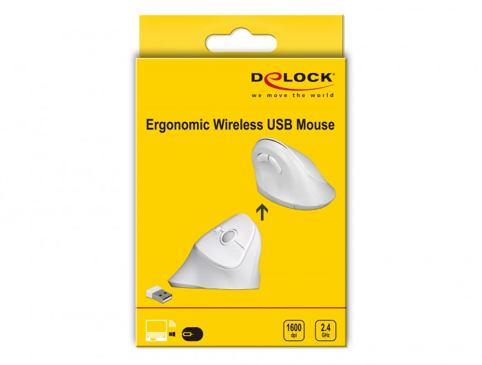 עכבר אנכי ארגונומי אלחוטי USB-A 2.4 GHz עם 6 לחצנים צבע לבן - delock.israel