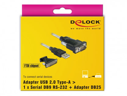 ממיר USB לתקע DB9 Serial RS-232 כולל מתאם DB25 צ'יפ FTDI אורך 1.8 מטר - delock.israel