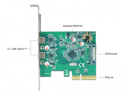 כרטיס PCIe x4 USB 3.1 Gen 2 10Gbps Low Profile עם 2 יציאות USB-C צ'יפ Asmedia - delock.israel