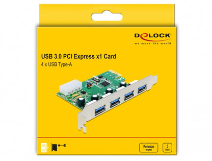 כרטיס PCIe x1 USB 3.2 Gen 1 5Gbps עם 4 יציאות USB-A צ'יפ Renesas - delock.israel