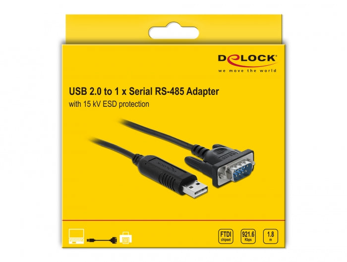 ממיר USB לתקע קומפקטי DB9 Serial RS-485 עם הגנת ESD צ'יפ FTDI אורך 1.8 מטר - delock.israel
