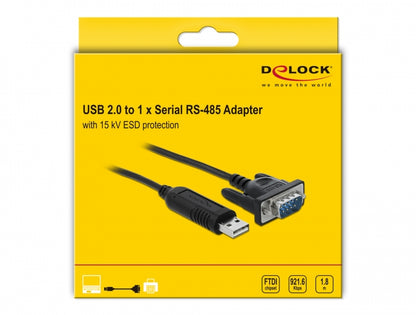 ממיר USB לתקע קומפקטי DB9 Serial RS-485 עם הגנת ESD צ'יפ FTDI אורך 1.8 מטר - delock.israel