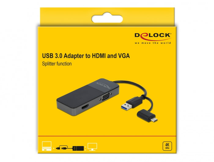 מתאם תצוגה USB 3.2 Gen 1 לחיבור 2 מסכים VGA + HDMI 4K בו זמנית - delock.israel