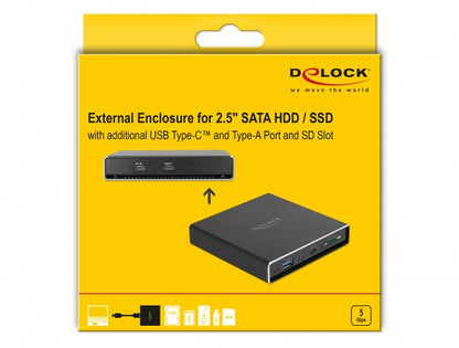 מארז חיצוני USB 3.2 Gen 1 עבור כונן דיסק 2.5″SATA HDD/SSD + קורא כרטיסים + שקע USB 3.0 - delock.israel