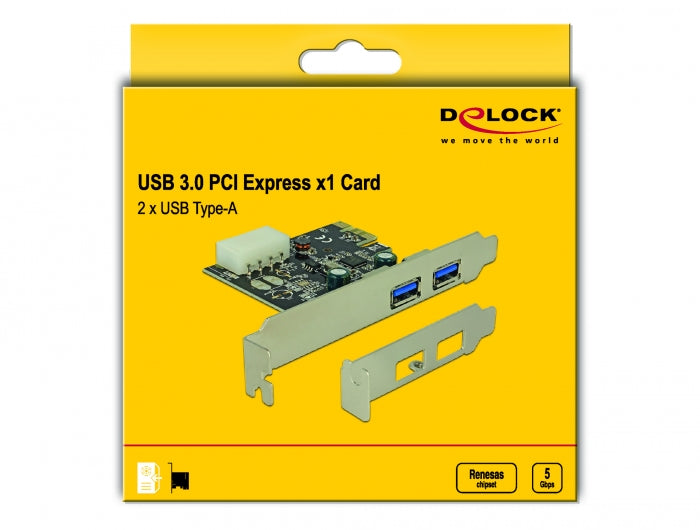 כרטיס PCIe x1 USB 3.2 Gen 1 5Gbps Low profile עם 2 יציאות צ'יפ Renesas - delock.israel