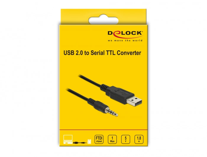 ממיר USB-A 2.0 זכר ל- TTL 5 V מחבר PL 3.5 בעל 4 מגעים צ'יפ FTDI - delock.israel