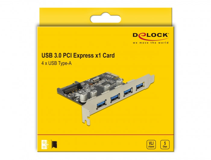 כרטיס PCIe x1 USB 3.2 Gen 1 5Gbps עם 4 יציאות USB-A צ'יפ VLI - delock.israel