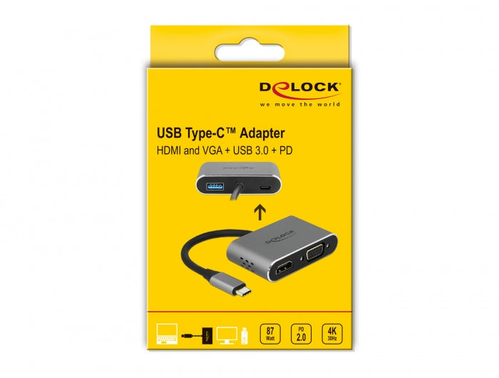מתאם תצוגה USB-C לחיבור 2 מסכים HDMI 4K + VGA בו זמנית תומך PD 87 watt - delock.israel