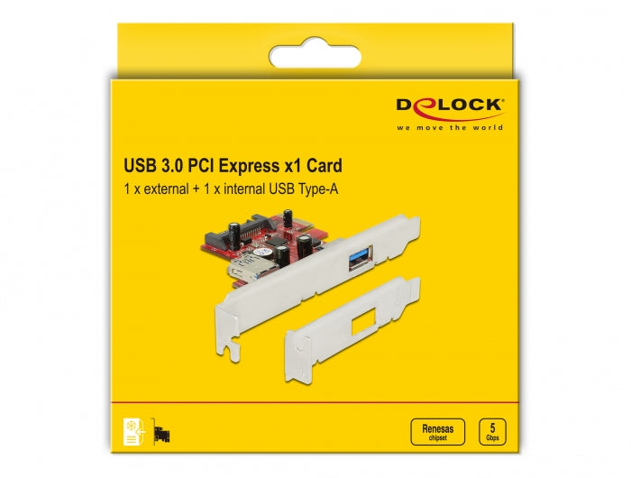 כרטיס PCIe x1 USB 3.0 5Gbps Low profile עם יציאת USB-A חיצונית + 1 פנימית צ'יפ Renesas - delock.israel