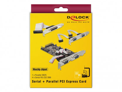 כרטיס PCIe x1 Serial RS-232 Low profile עם 4 יציאות RS-232 + יציאת Parallel צ'יפ Moschip - delock.israel