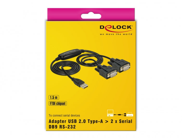 ממיר USB עם 2 יציאות DB9 Serial RS-232 זכר צ'יפ FTDI אורך 1.4 מטר - delock.israel