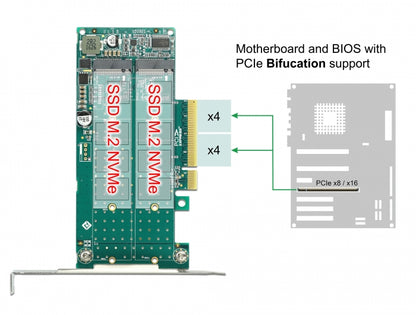 כרטיס PCI-E x8 Bifurcation Low profile עבור 2 כוננים M.2 NVMe - delock.israel