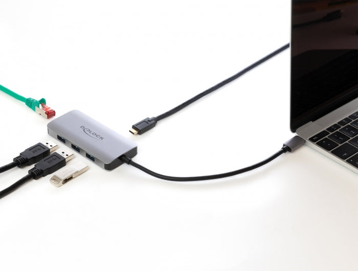 מפצל USB-C 3.2 5Gbps PD 100Watt עם 3 יציאות USB-A ושקע רשת RJ45 Giga - delock.israel