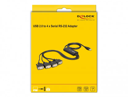ממיר USB עם 4 יציאות DB9 Serial RS-232 זכר צ'יפ FTDI אורך 1.4 מטר - delock.israel