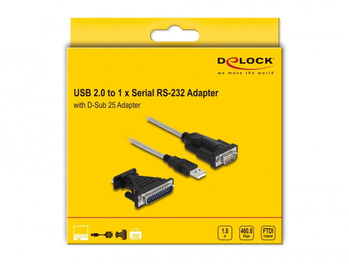 ממיר USB לתקע DB9 Serial RS-232 כולל מתאם DB25 צ'יפ FTDI FT232RL אורך 1.8 מטר - delock.israel