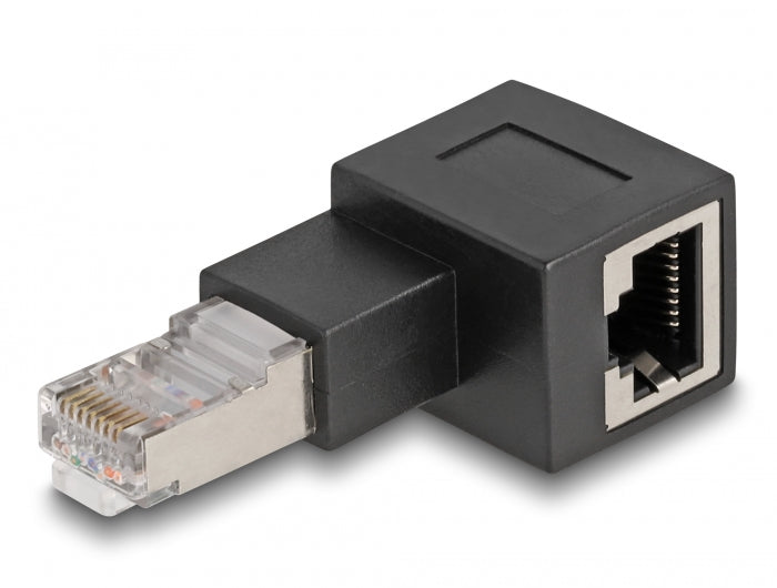 מתאם RJ45 Cat.6A זכר לשקע רשת RJ45 בזווית 90° שמאלה