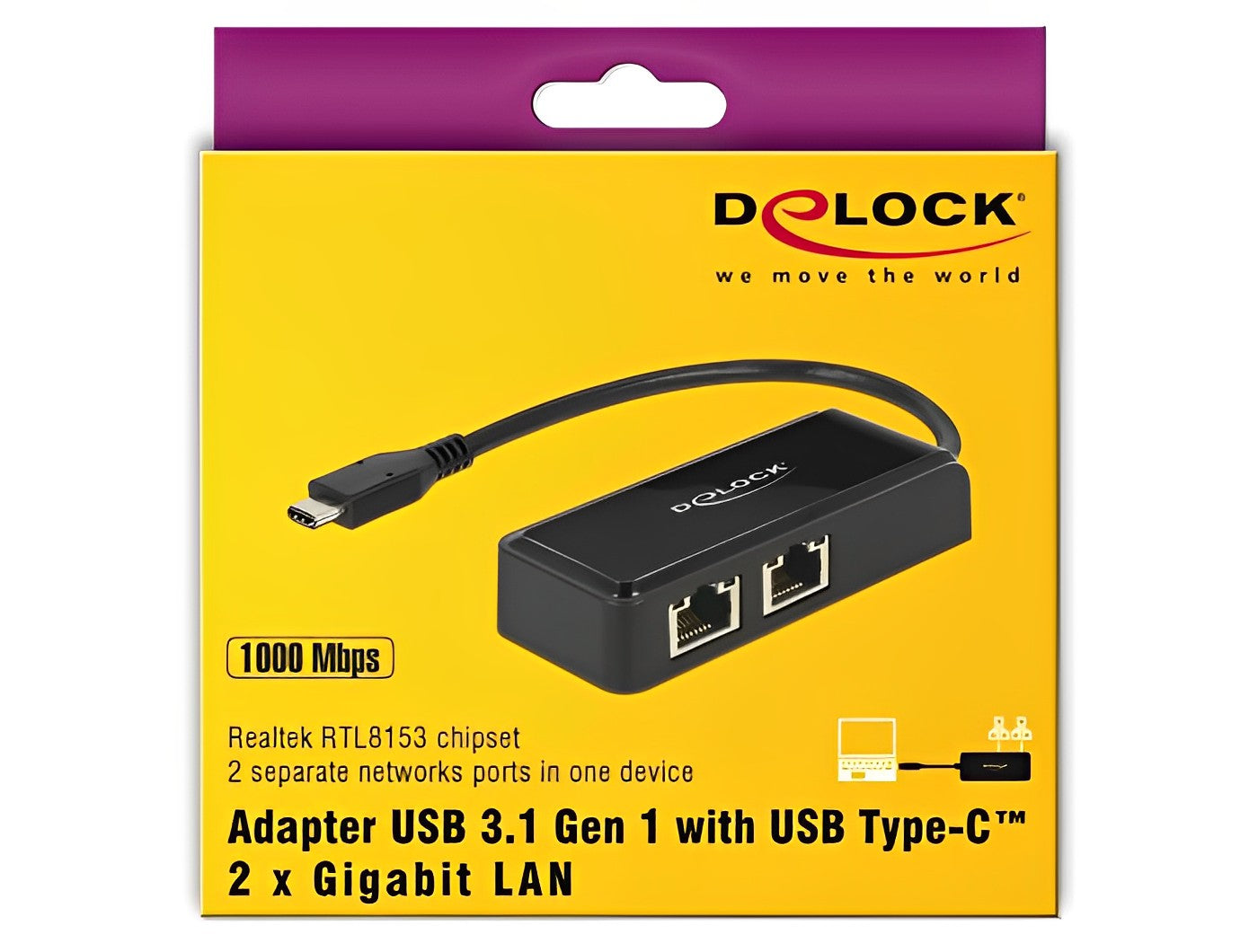 מתאם רשת USB-C ל- 2 שקעים RJ45 Gigabit 10/100/1000 - delock.israel