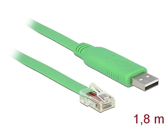 כבל קונסול לסיסקו ירוק USB-A זכר לתקע RJ45 RS-232 צ'יפ FTDI אורך 1.8 מטר - delock.israel