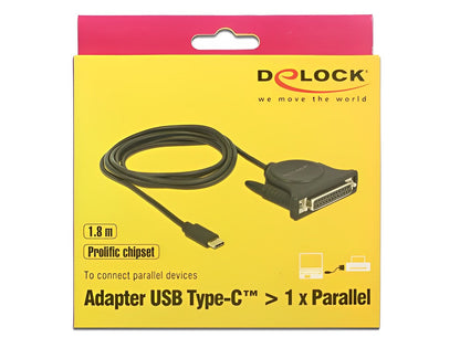 ממיר USB-C זכר לתקע פרלל DB25 Parallel צ'יפ Prolific אורך 1.8 מטר - delock.israel
