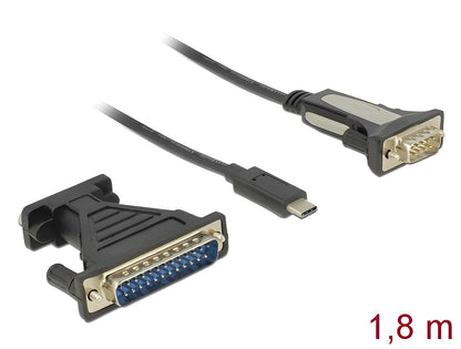 ממיר USB-C זכר לתקע DB9 Serial RS-232 כולל מתאם DB25 צ'יפ FTDI אורך 1.8 מטר - delock.israel