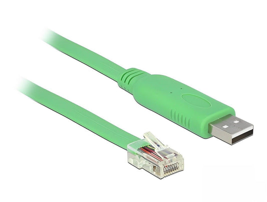כבל קונסול לסיסקו ירוק USB-A זכר לתקע RJ45 RS-232 צ'יפ FTDI אורך 1.8 מטר - delock.israel