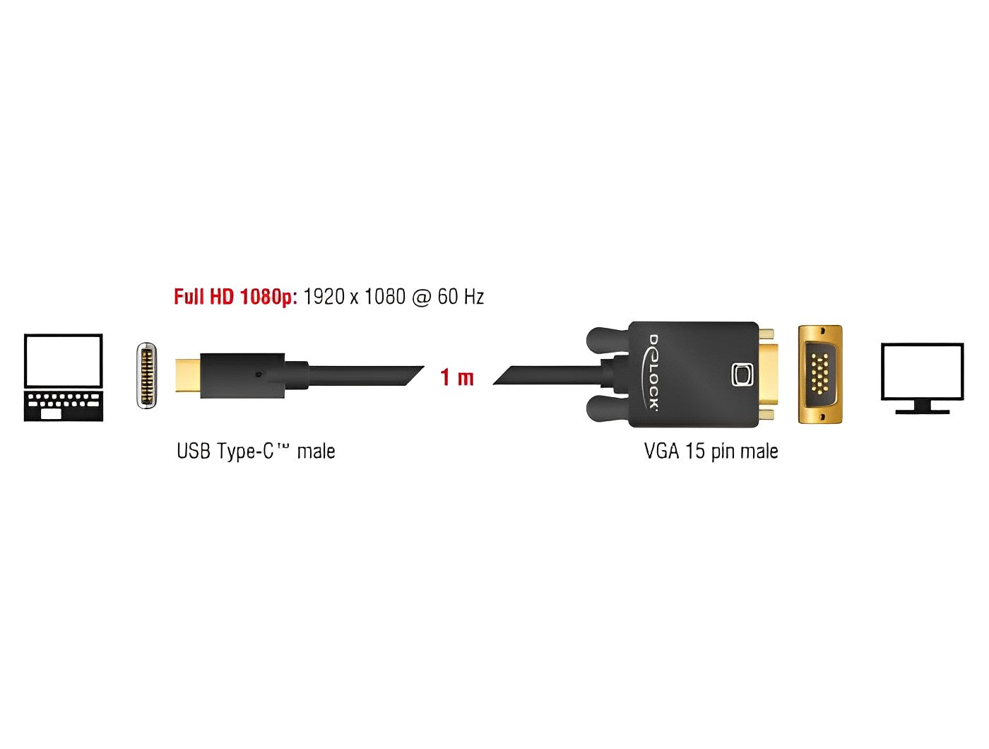 כבל תצוגה תקע USB-C לתקע VGA תומך 60 הרץ - delock.israel