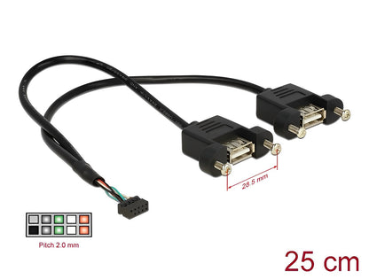 כבל USB 2.0 לפאנל שקע 10 פין לשקעים USB-A עם מרחק בין הברגים 28.5 מ"מ - delock.israel