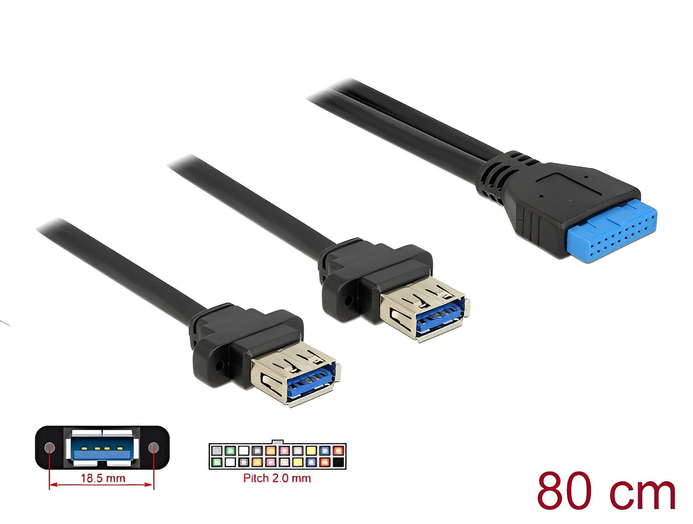כבל USB 3.0 לפאנל שקע 19 פין לשקעים USB-A עם מרחק בין הברגים 18.5 מ"מ - delock.israel
