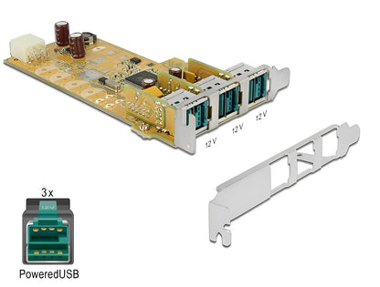 כרטיס PCIe x1 PoweredUSB Low profile עם 3 יציאות USB של 12 וולט צ'יפ Pericom - delock.israel