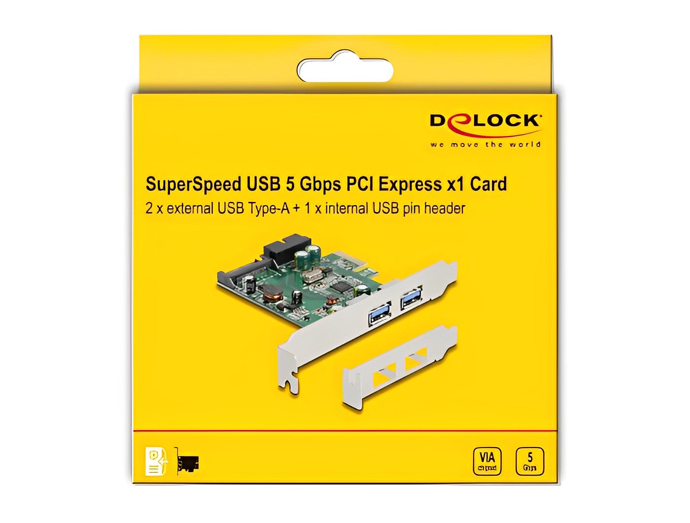 כרטיס PCIe x1 USB 3.2 Gen 1 5Gbps Low profile עם 2 יציאות USB-A חיצוניות + 19pin USB פנימית צ'יפ VLI - delock.israel
