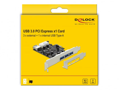 כרטיס PCIe x1 USB 3.0 5Gbps Low profile עם 3 יציאות USB Type-A חיצוניות + 1 פנימית צ'יפ VLI - delock.israel