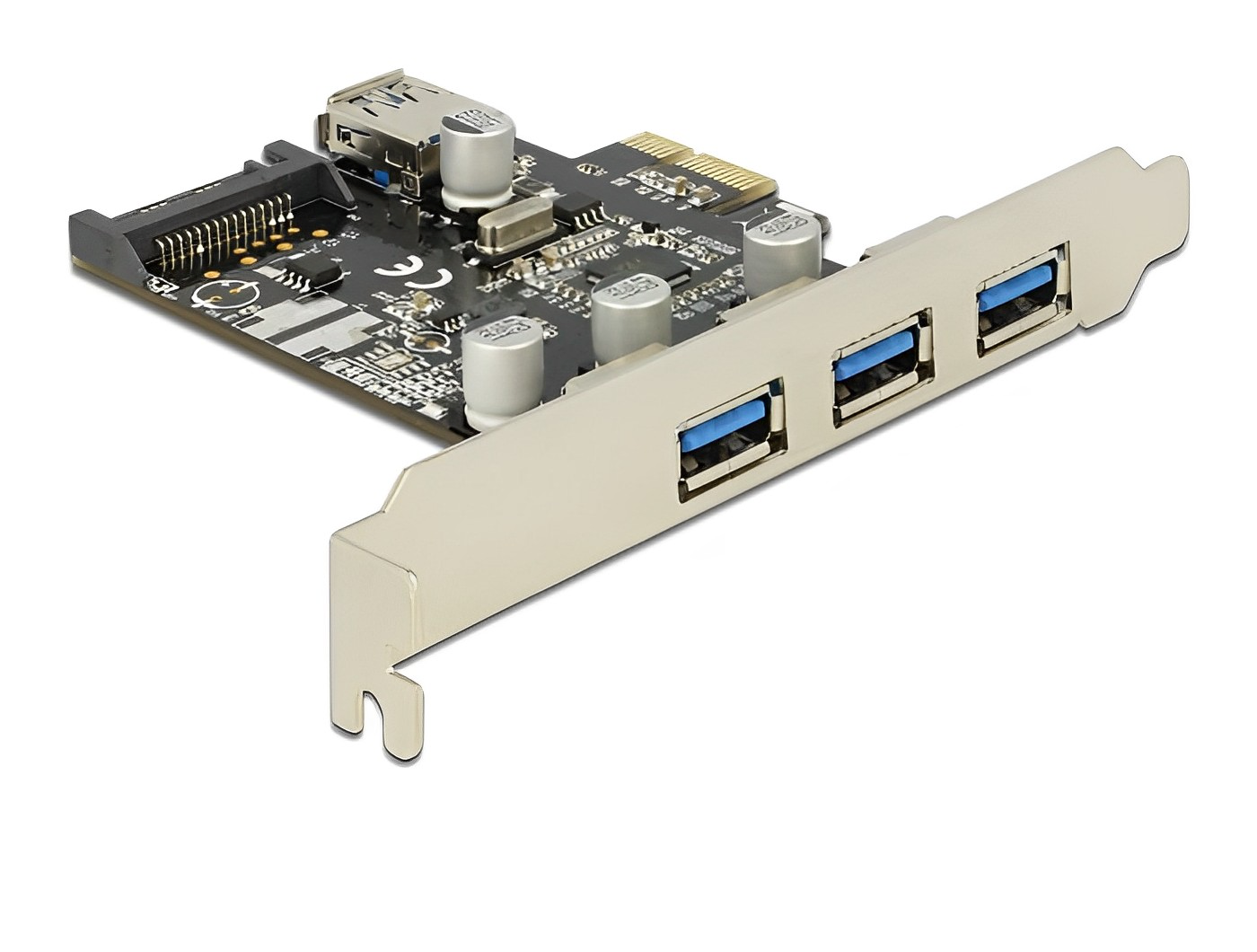 כרטיס PCIe x1 USB 3.0 5Gbps Low profile עם 3 יציאות USB-A חיצוניות + 1 פנימית צ'יפ VLI - delock.israel