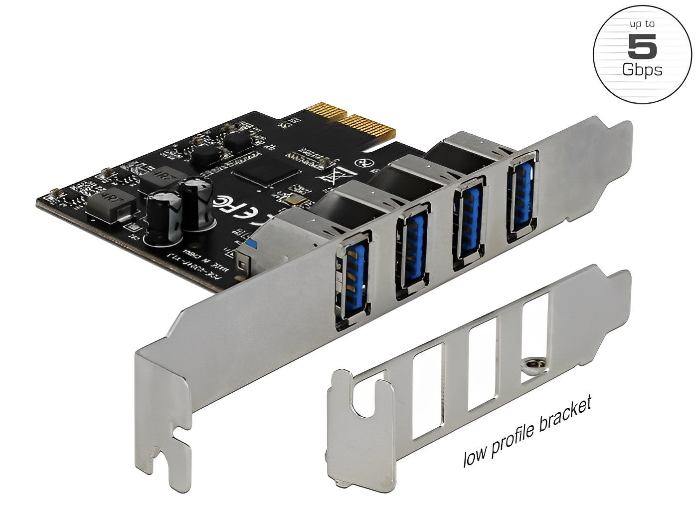 כרטיס PCIe x1 USB 3.0 5Gbps Low profile עם 4 יציאות USB-A תומך MacBook צ'יפ Fresco Logic - delock.israel
