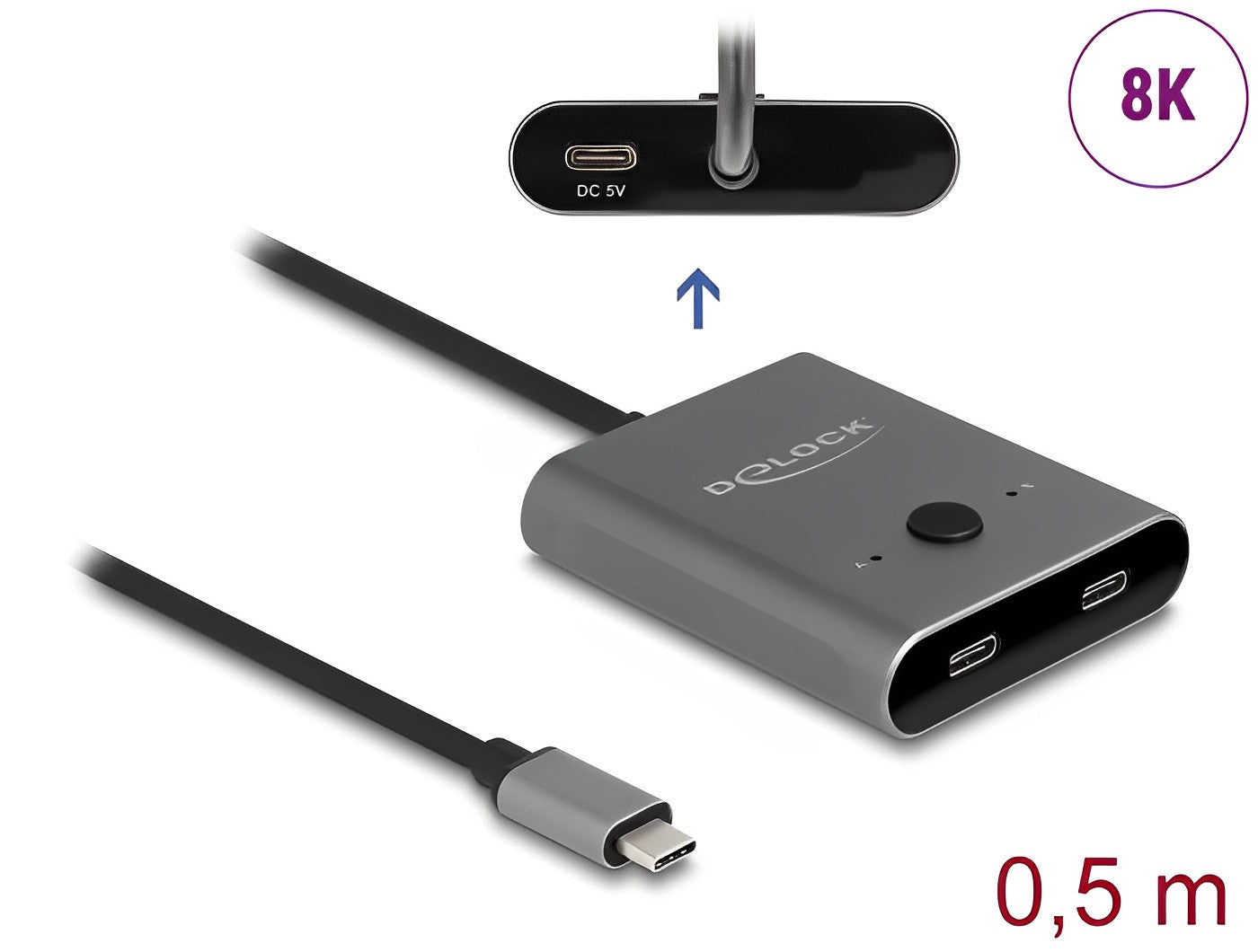 מיתוג USB-C 8K מבית Delock גרמניה הוא מיתוג דו כיווני ידני המאפשר חיבור של שני מכשירים עם יציאת USB-C למחשב או למכשיר תומך - delock.israel