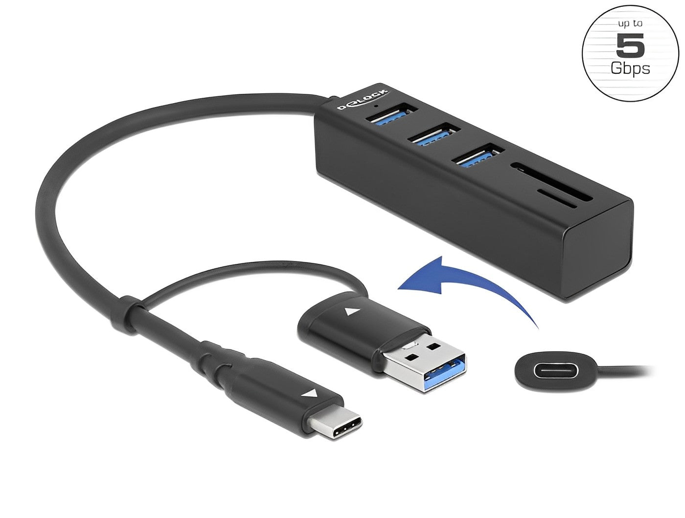 מפצל USB 3.2 Gen 1 5Gbps עם 3 פורט USB-A וקורא כרטיסים - delock.israel