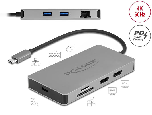 תחנת עגינה USB-C למחשב נייד עם חיבור ל- 2 מסכים HDMI 4K בו זמנית - delock.israel