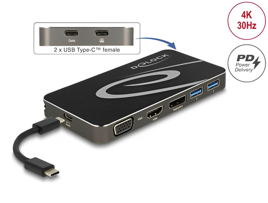 תחנת עגינה USB-C למחשב נייד עם חיבור ל- 3 מסכים VGA / HDMI / DP 4K בו זמנית - delock.israel