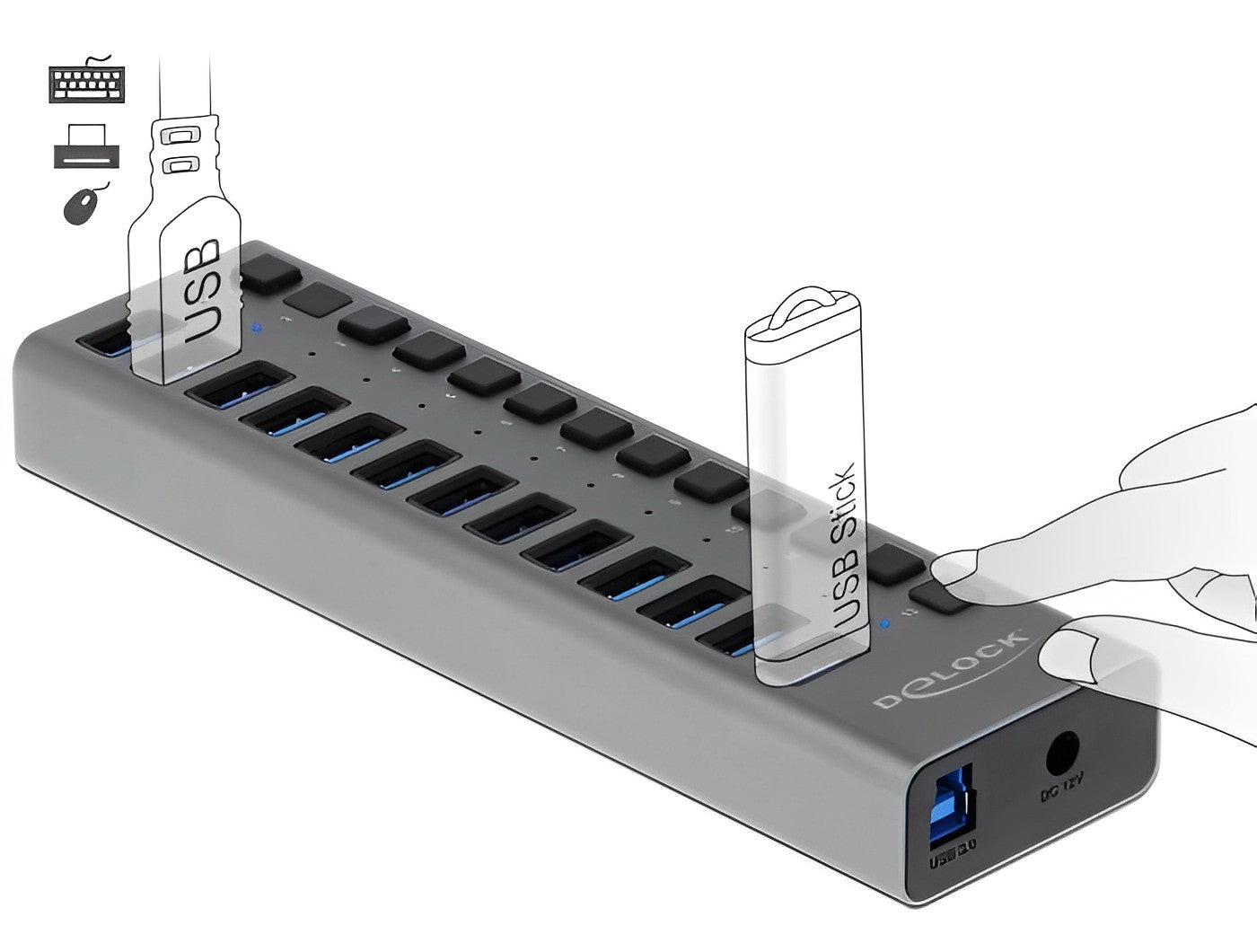 מפצל USB 3.0 5Gbps אקטיבי 13 יציאות USB-A עם מפסקים - delock.israel