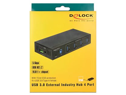 מפצל תעשייתי USB 3.0 5Gbps 15kV ESD אקטיבי עם 4 יציאות USB-A - delock.israel