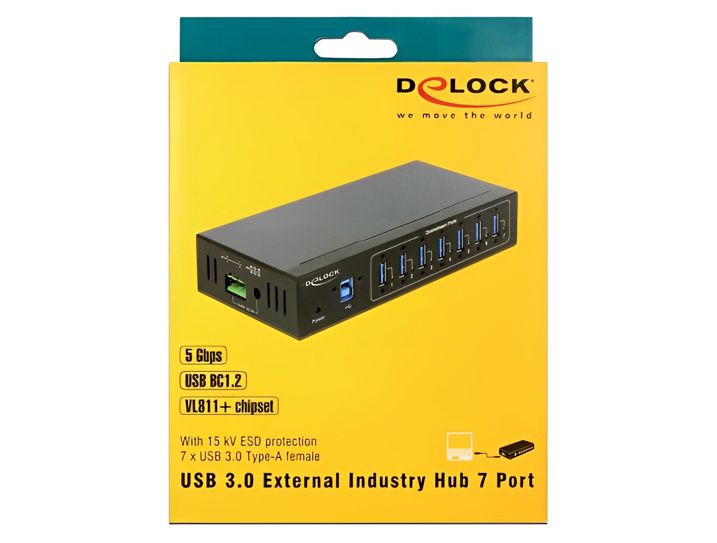 מפצל תעשייתי USB 3.0 5Gbps 15kV ESD אקטיבי עם 7 יציאות USB-A- delock.israel