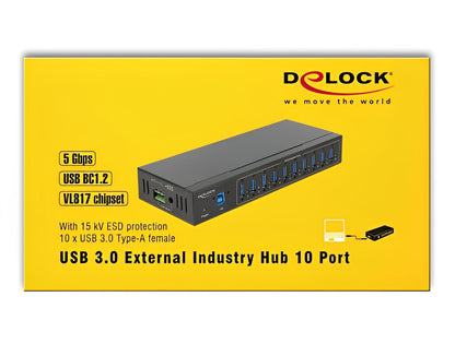 מפצל תעשייתי USB 3.0 5Gbps 20kV ESD אקטיבי עם 10 יציאות USB-A - delock.israel