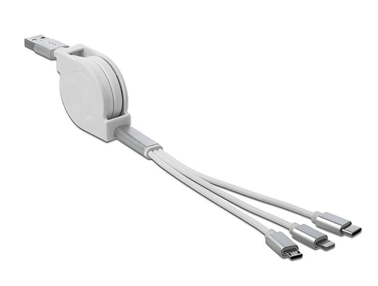 כבל טעינה נמתח תקע USB-A לתקע Lightning + מיקרו USB-C + USB - delock.israel